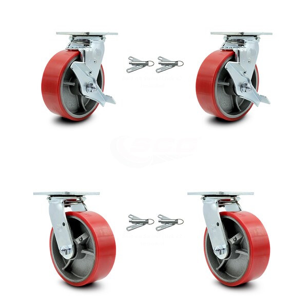 Service Caster 6 Inch Red Poly on Cast Iron Caster Set with Ball Bearings 4 Swivel Lock 2 Brake SCC-30CS620-PUB-RS-TLB-BSL-2-BSL-2 - main